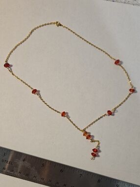 Hand Crafted Gold Necklace with Red Bead Drops